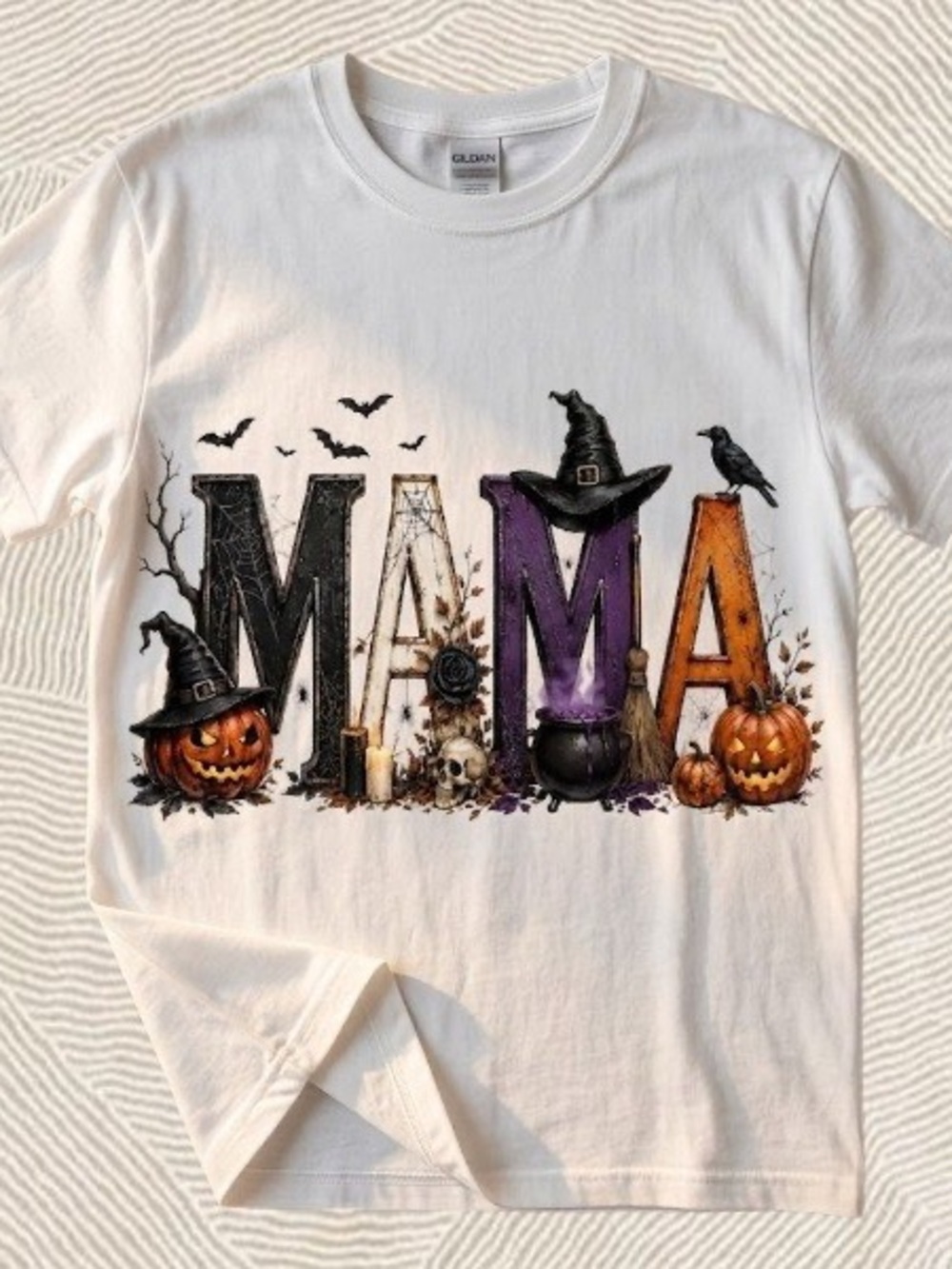 Gildan White MaMa Halloween Tee with Black, Purple & Orange "MAMA" Graphic
